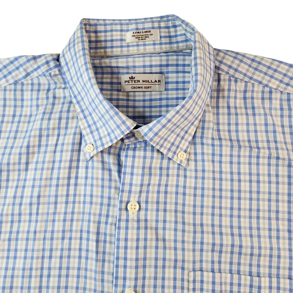 Peter Millar Crown Soft Shirt Men XL Silk Blend Blue Gray Whit Plaid Button Down